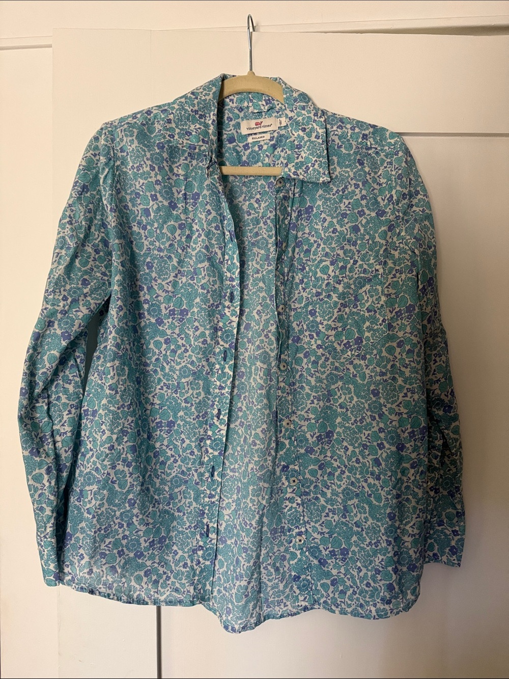 Vineyard Vines Teal and Light Blue Floral Button-Down Shirt